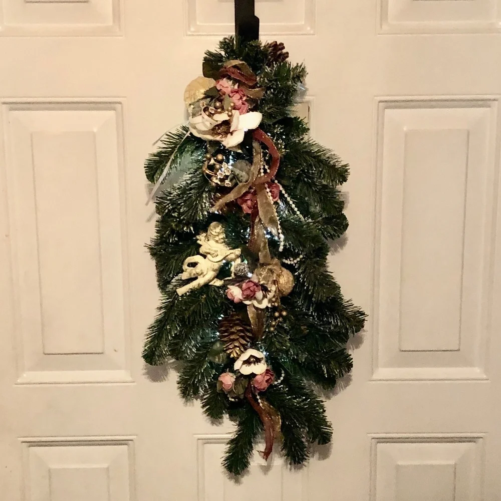 Victorian Floral Pine Swag Wall Decor Cherub Roses Shabby Chic Cottage 22”